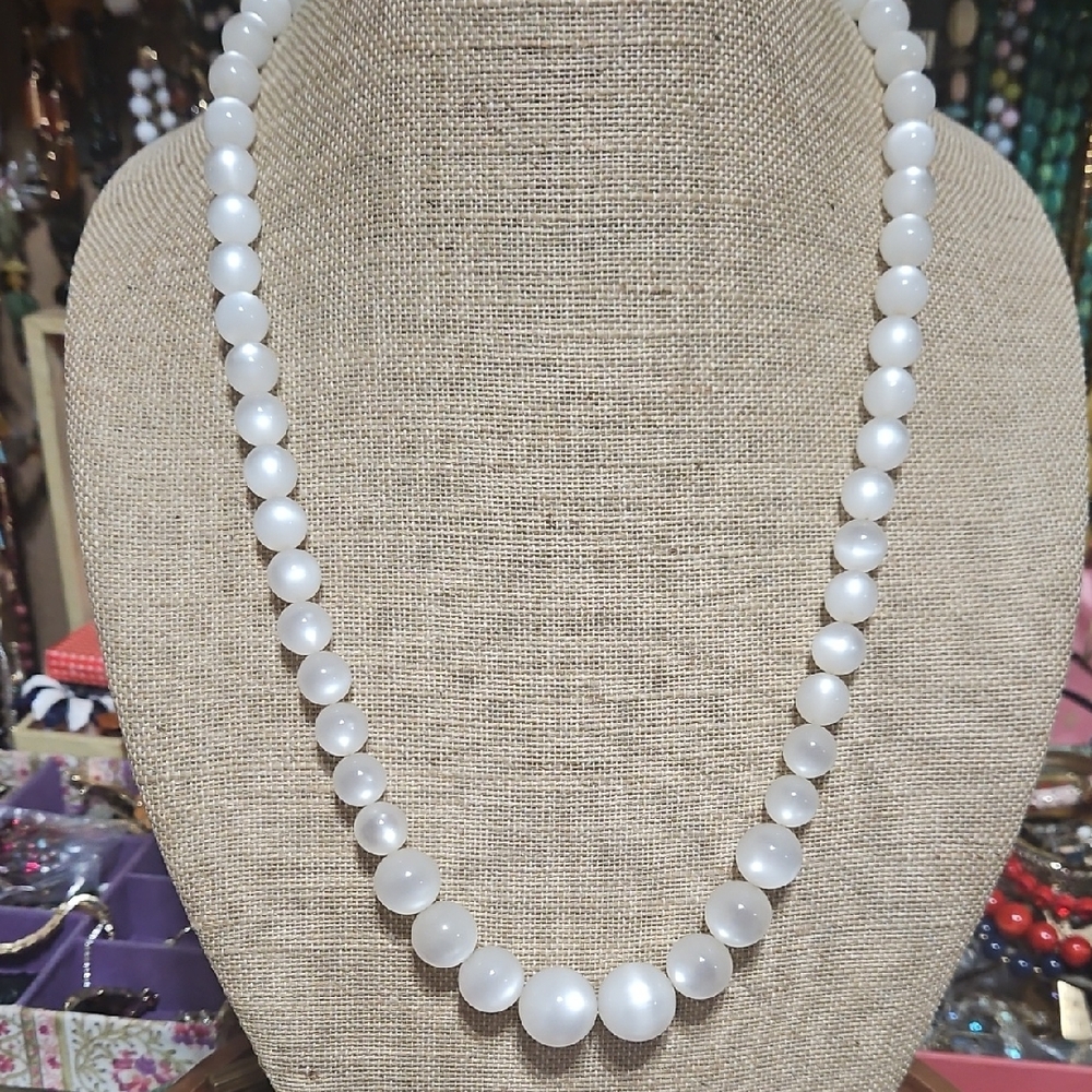 Elegant Vintage Moonglow White Beaded Necklace Sterling Clasp